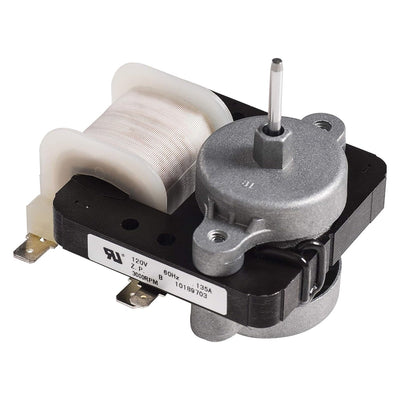 W10189703 refrigerator evaporator fan motor with metal housing and copper coil winding.
