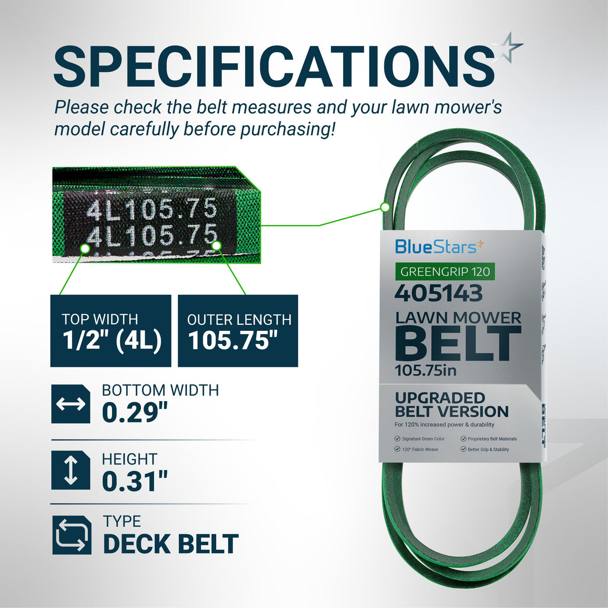 Specification chart for 405143 lawn mower deck belt showing dimensions, measurements, and product details.