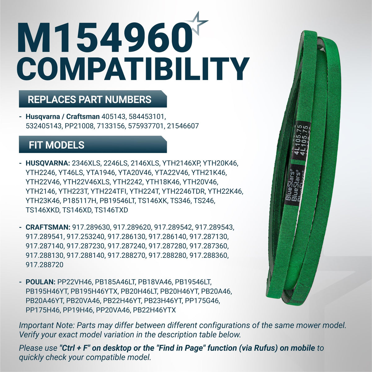 Green replacement deck belt for Husqvarna and Craftsman 46-inch mower decks with compatibility chart.