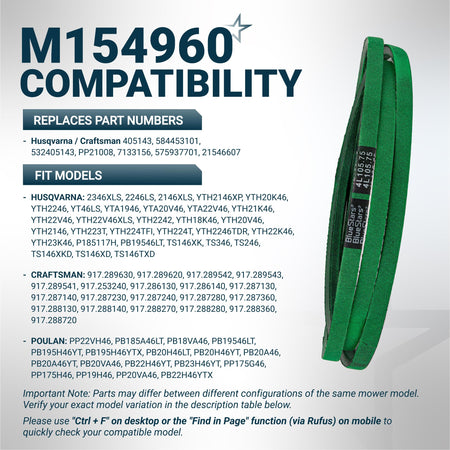 Green replacement deck belt for Husqvarna and Craftsman 46-inch mower decks with compatibility chart.