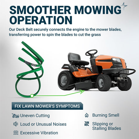 405143 replacement deck belt for 46-inch Husqvarna lawn mower, showing installation and common mower symptoms.