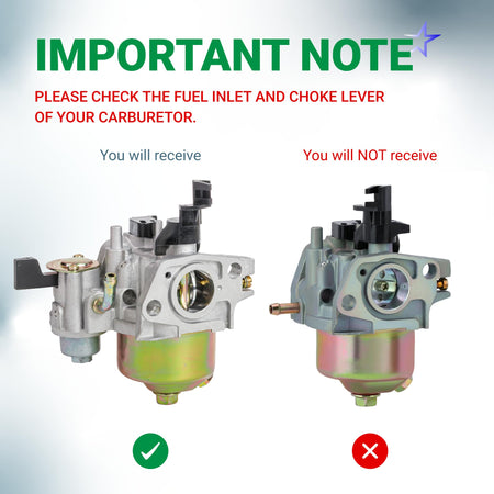 Comparison chart showing fuel inlet and choke lever differences for Honda GX160 GX200 engine carburetors.