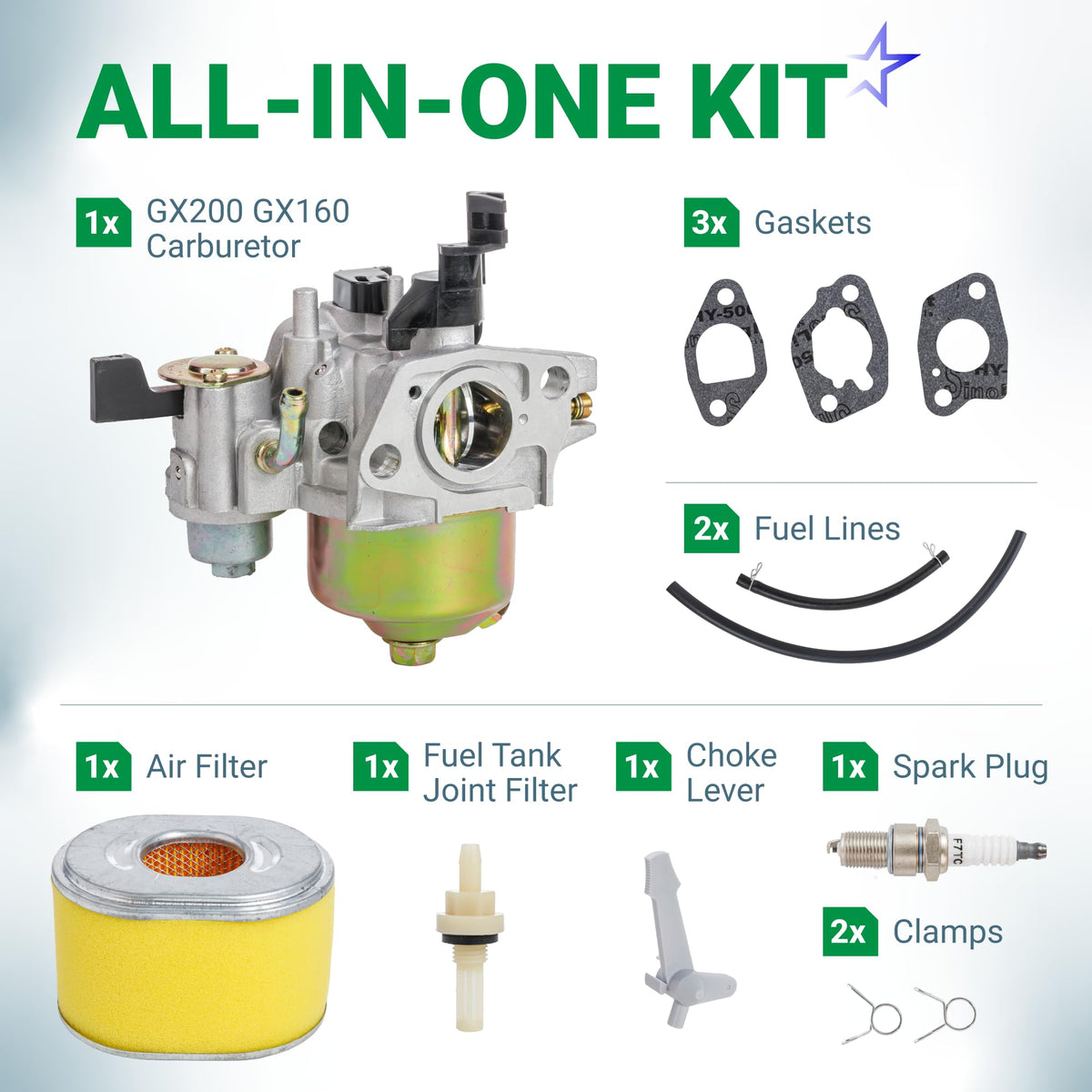 GX200 GX160 carburetor all-in-one maintenance kit with gaskets, fuel lines, air filter, spark plug, and accessories.