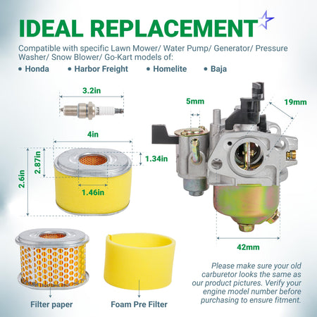 GX200 GX160 carburetor kit with air filter, spark plug, and dimensions diagram for Honda and Predator engines.