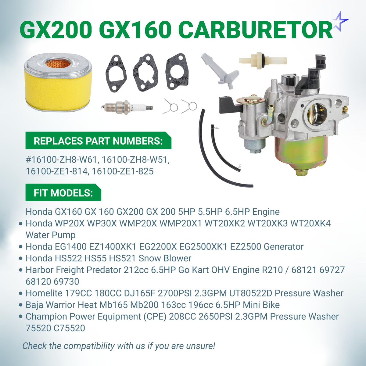 GX200 GX160 carburetor kit with air filter, gaskets, spark plug, and fuel line for Honda and Predator 212cc engines.