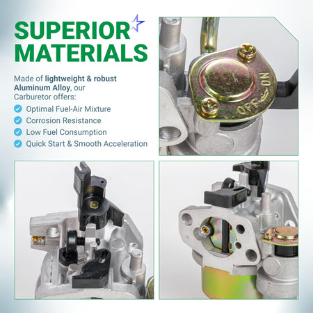 Infographic showing aluminum alloy GX200 GX160 carburetor construction and close-up details of fuel valve and linkages.
