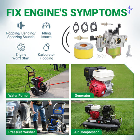 Infographic showing GX200 GX160 carburetor kit components and compatible engine applications for troubleshooting.