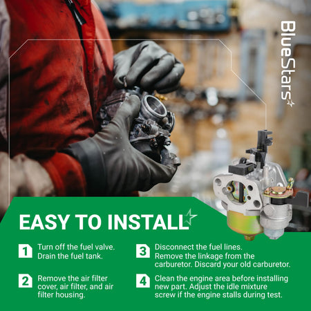 Instructional graphic showing GX200 GX160 carburetor installation steps for Honda and Predator engines.
