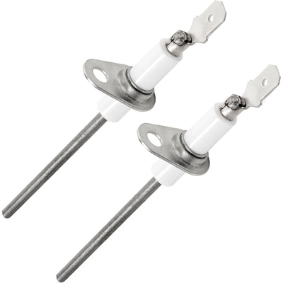 Two 025-37499-000 gas furnace flame sensors with white ceramic insulators and metal mounting brackets.