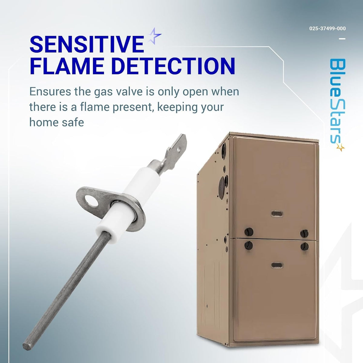025-37499-000 gas furnace flame sensor component shown with a compatible furnace unit.