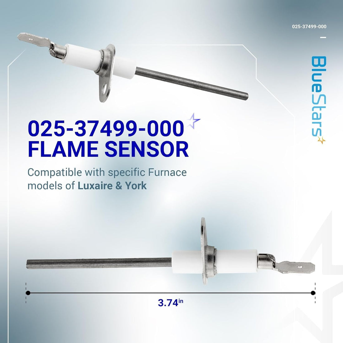 Two 025-37499-000 gas furnace flame sensors for Luxaire and York heating systems.