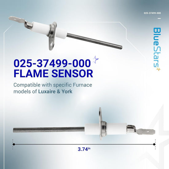 Two 025-37499-000 gas furnace flame sensors for Luxaire and York heating systems.