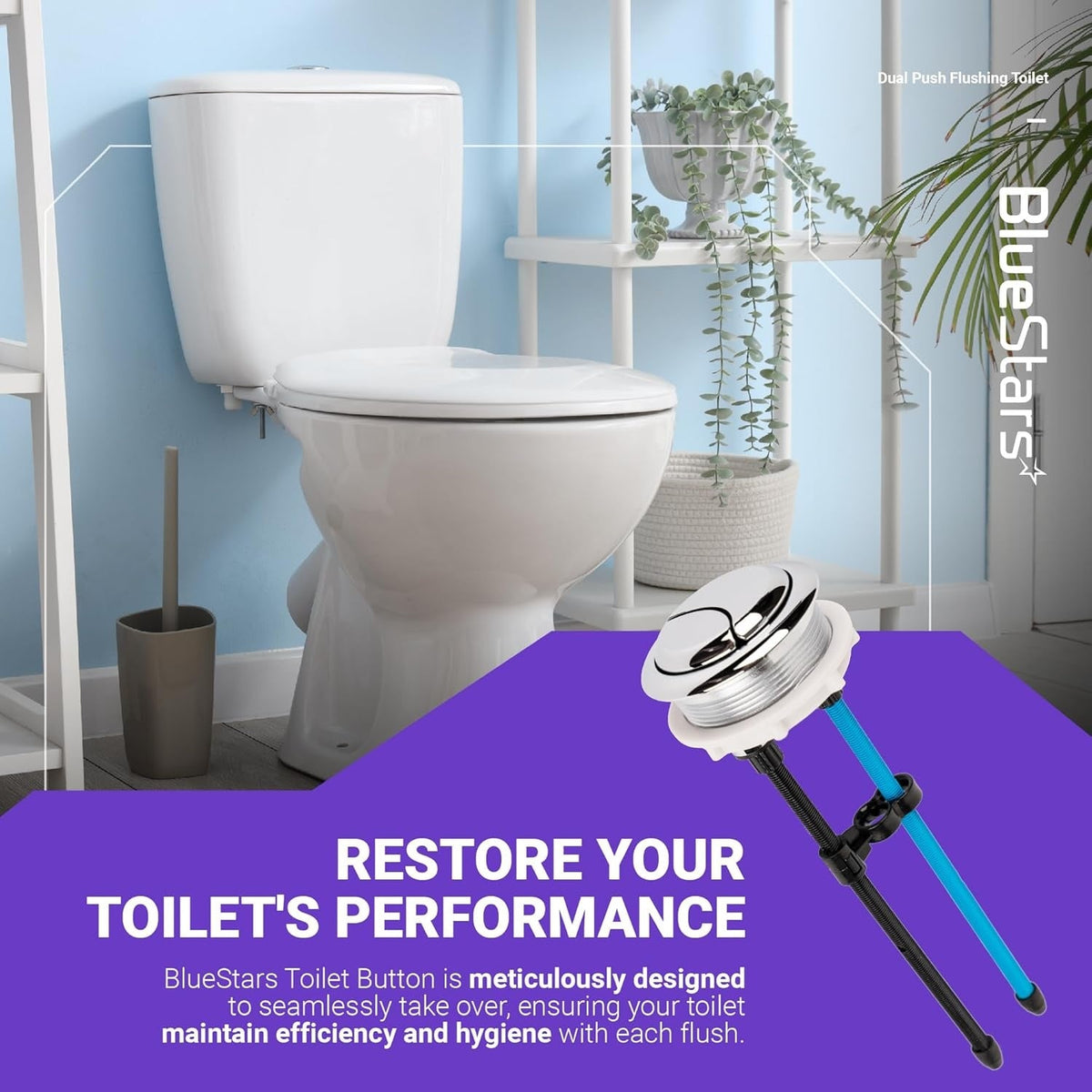 48mm dual push toilet water tank button with adjustable rods shown against a bathroom background.
