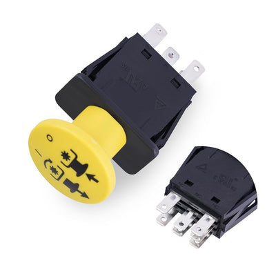 Yellow 725-3233A PTO clutch switch for Cub Cadet and MTD mowers showing top and side terminal views.