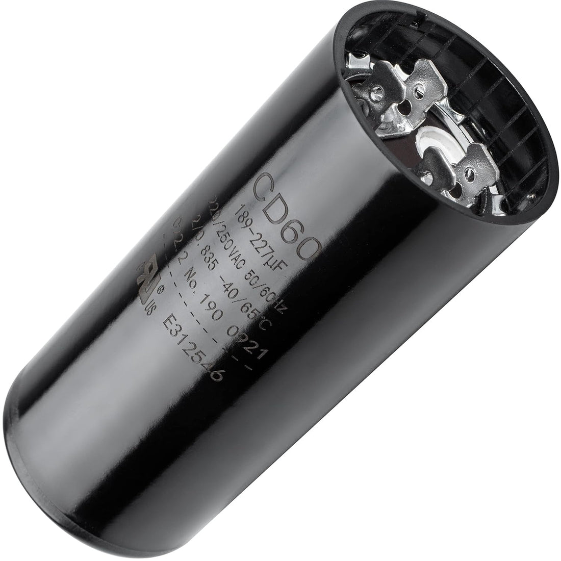 Black round start capacitor 189-227 uF 220-250 VAC for electric motors showing terminal top view.