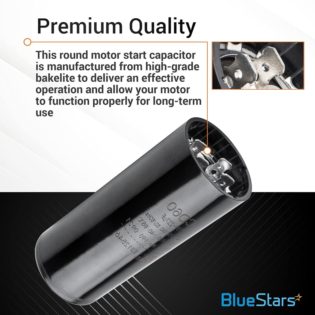 Round motor start capacitor 189-227 uF 220-250 VAC with close-up view of electrical terminals.
