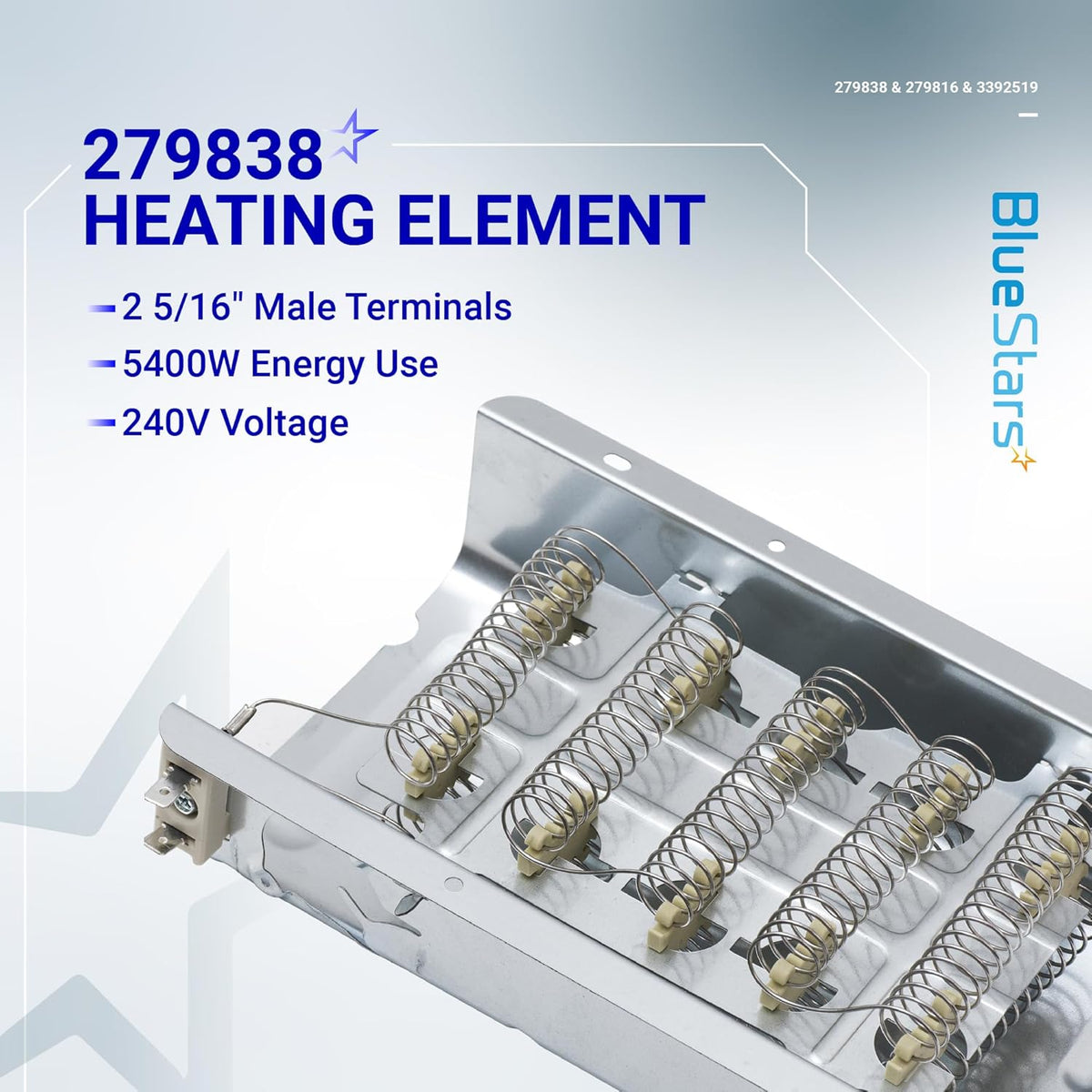279838 dryer heating element with 5400W 240V coils and male terminals for Whirlpool, Kenmore, and Maytag dryers.