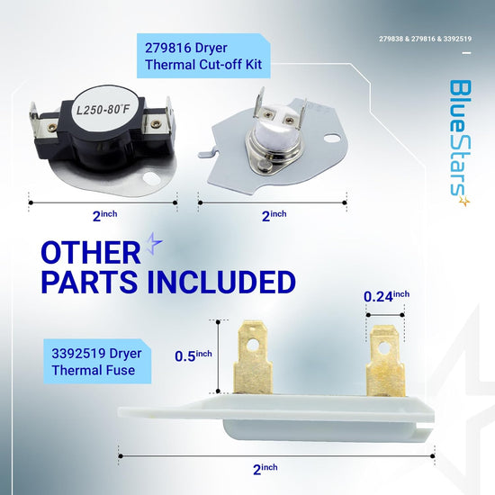 279816 Dryer Thermal Cut-off Kit and 3392519 Thermal Fuse for Whirlpool, Kenmore, and Maytag dryers.