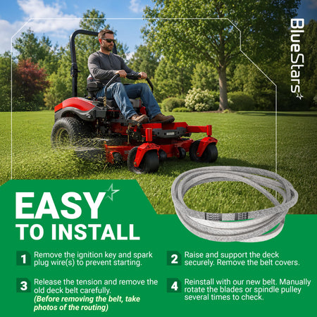 Replacement mower deck belt shown with easy installation instructions for zero-turn lawn mowers.