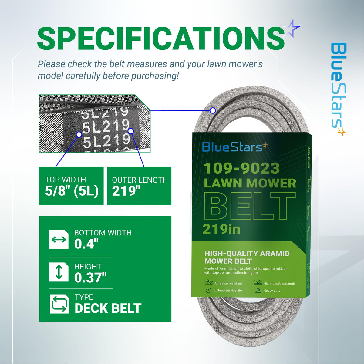 BlueStars 109-9023 lawn mower deck belt specifications chart showing 5/8 inch width and 219 inch length.