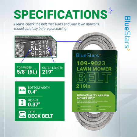 BlueStars 109-9023 lawn mower deck belt specifications chart showing 5/8 inch width and 219 inch length.