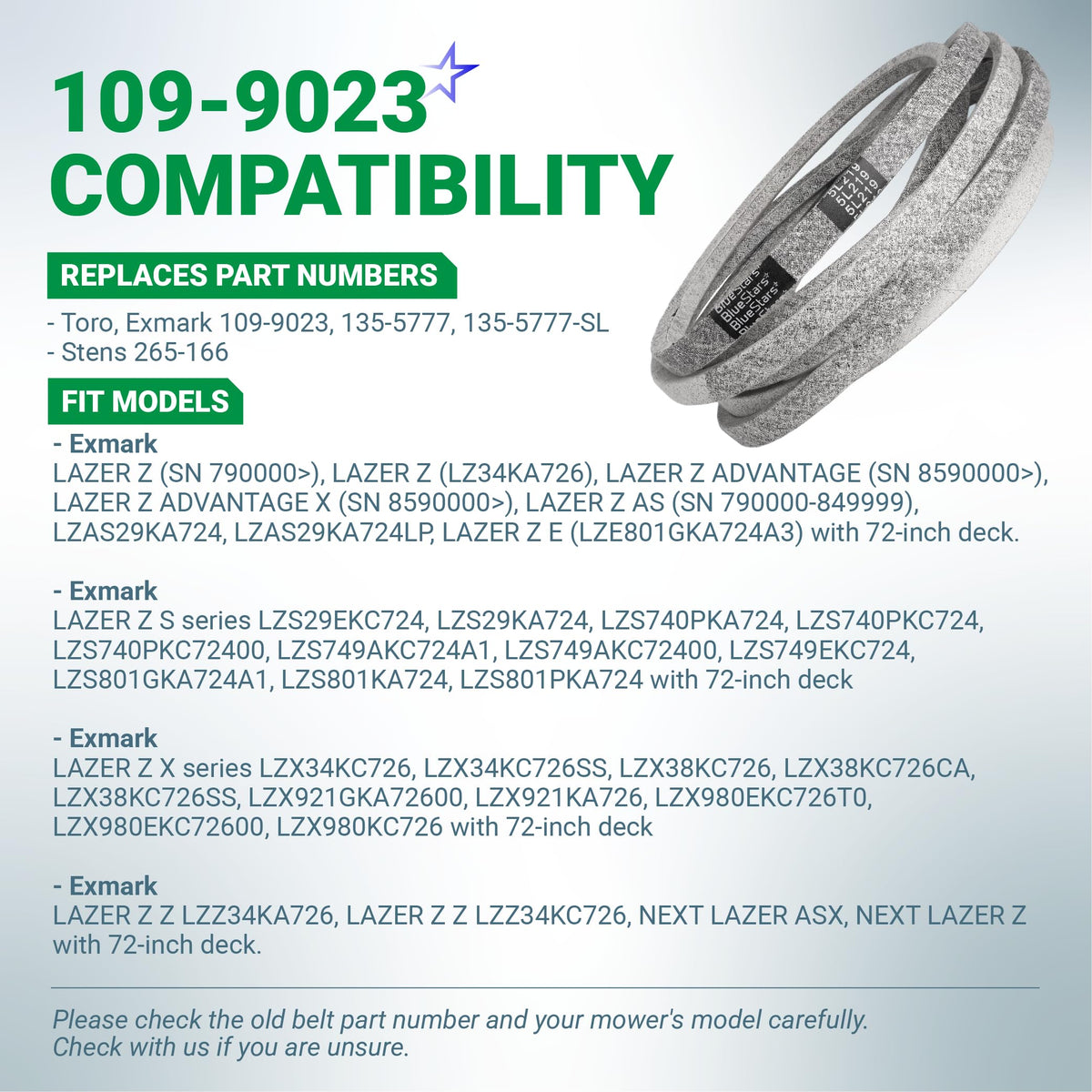 Replacement mower deck belt 109-9023 for Exmark Lazer Z mowers with 72-inch deck.