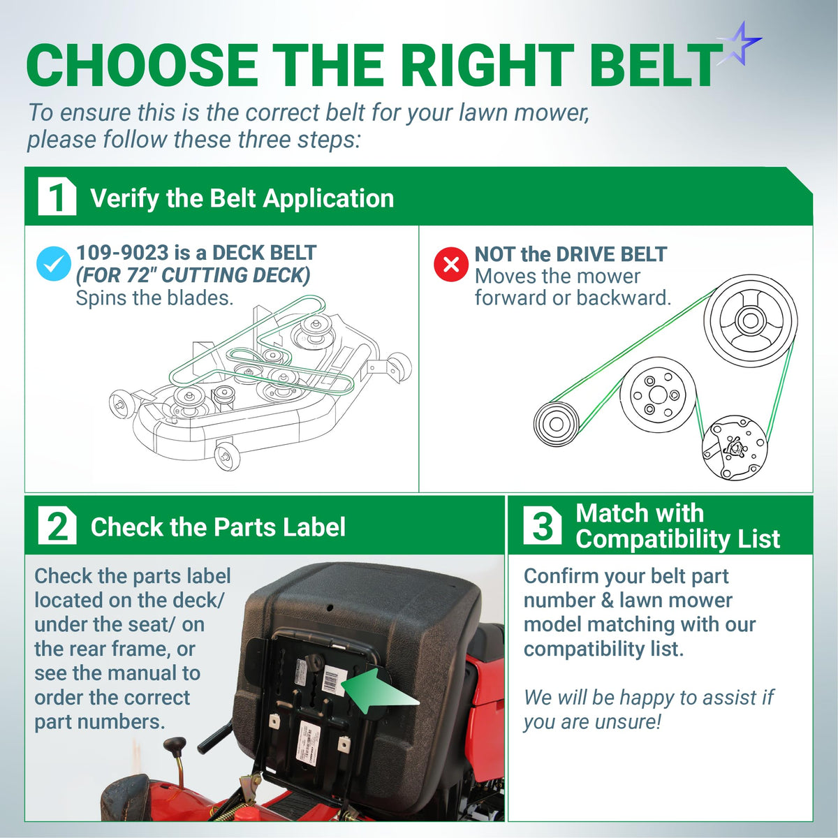 Instructional guide for identifying the correct 109-9023 lawn mower deck belt and verifying compatibility.