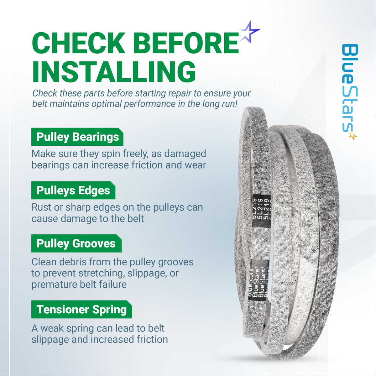 BlueStars 109-9023 replacement belt installation guide showing pulley inspection tips.