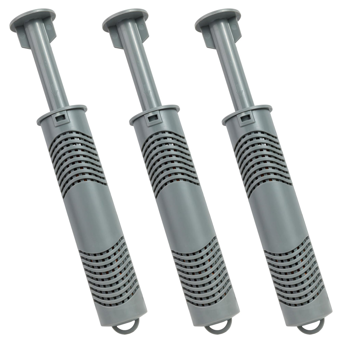 Three grey silver ion mineral sanitizer cartridges for Hot Springs spa hot tubs.