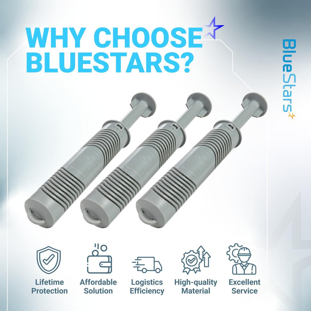 Three grey replacement shock absorbers for washing machines displayed on a BlueStars promotional background.