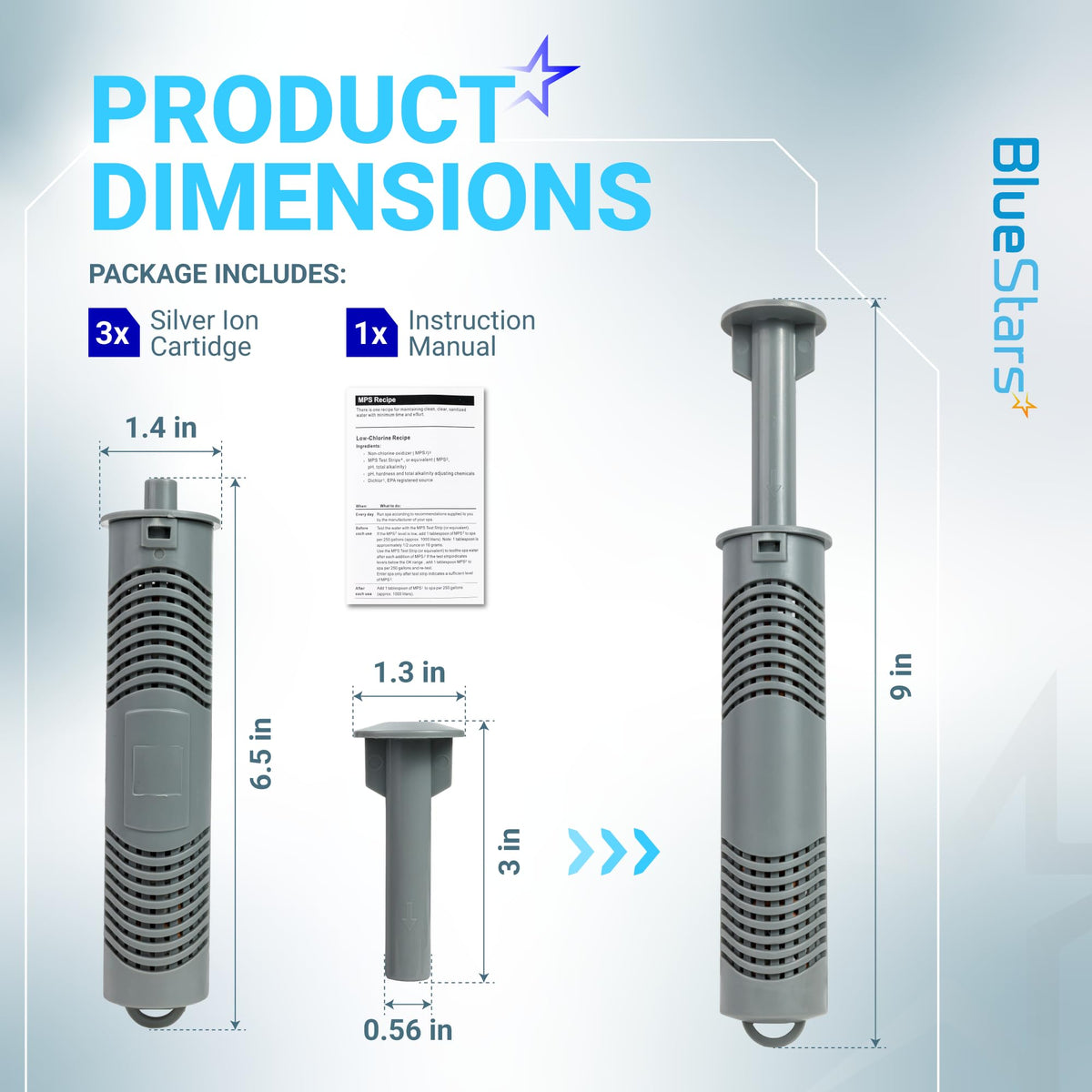 BlueStars silver ion spa cartridge dimensions infographic showing product size and included instruction manual.