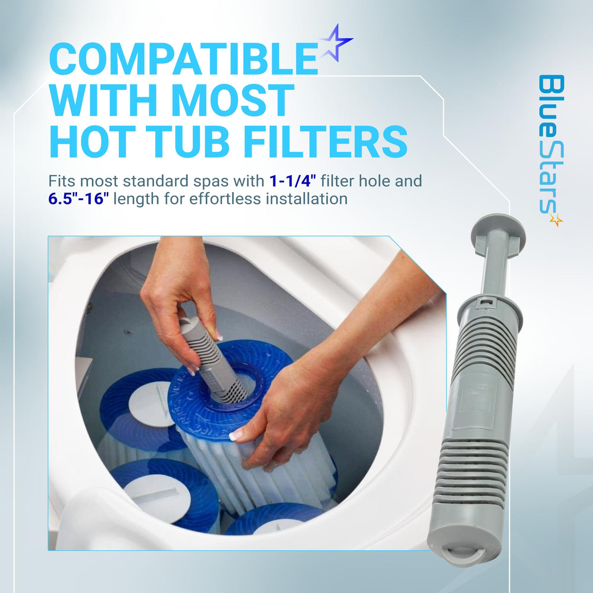 Hands installing a grey hot tub mineral stick filter into a spa filter cartridge.