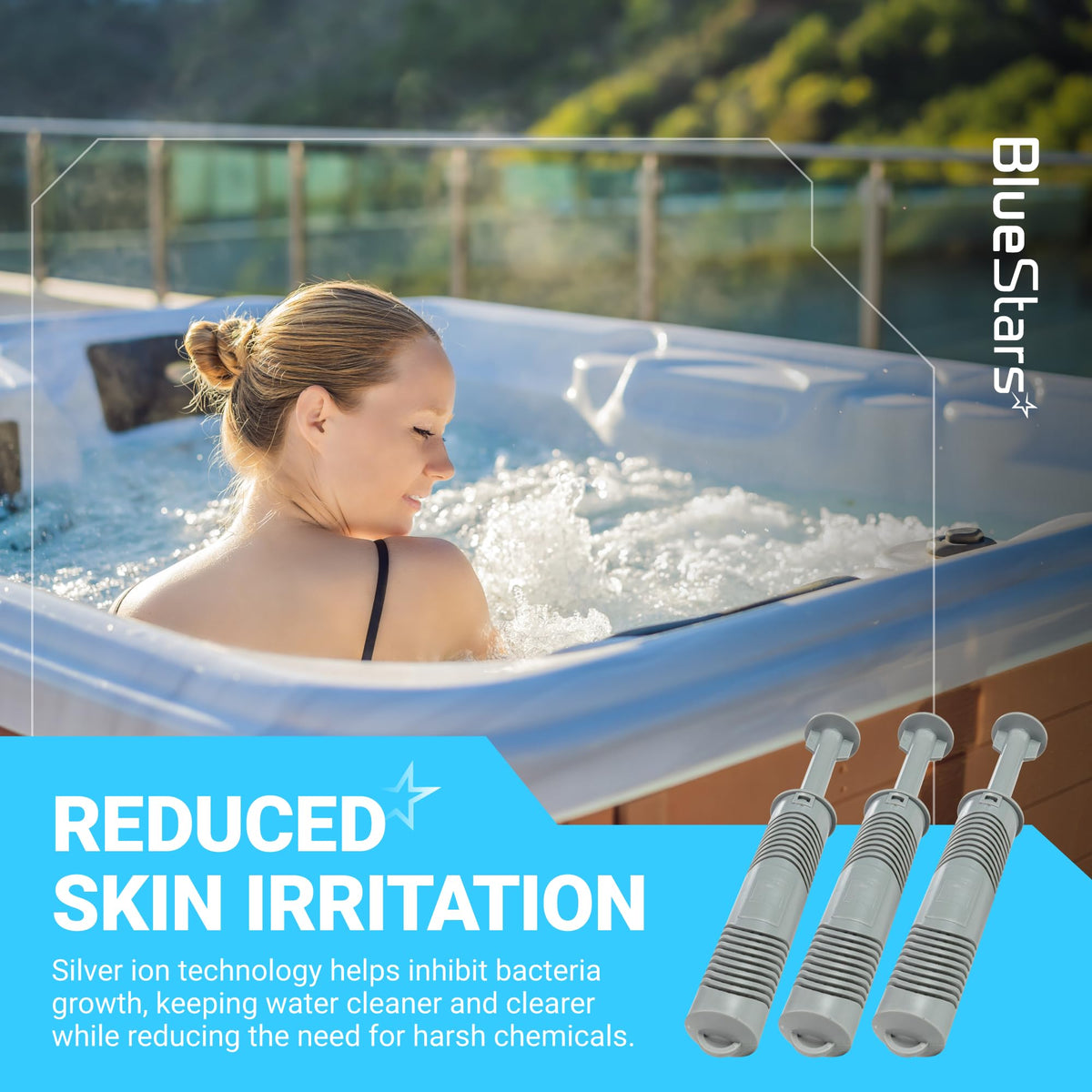 Three silver ion hot tub mineral sanitizer sticks for cleaner spa water and reduced skin irritation.