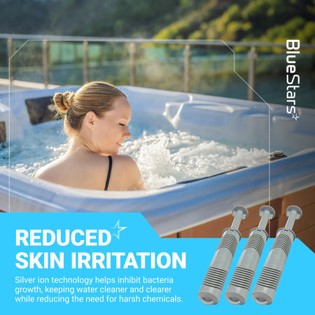 Three silver ion hot tub mineral sanitizer sticks for cleaner spa water and reduced skin irritation.