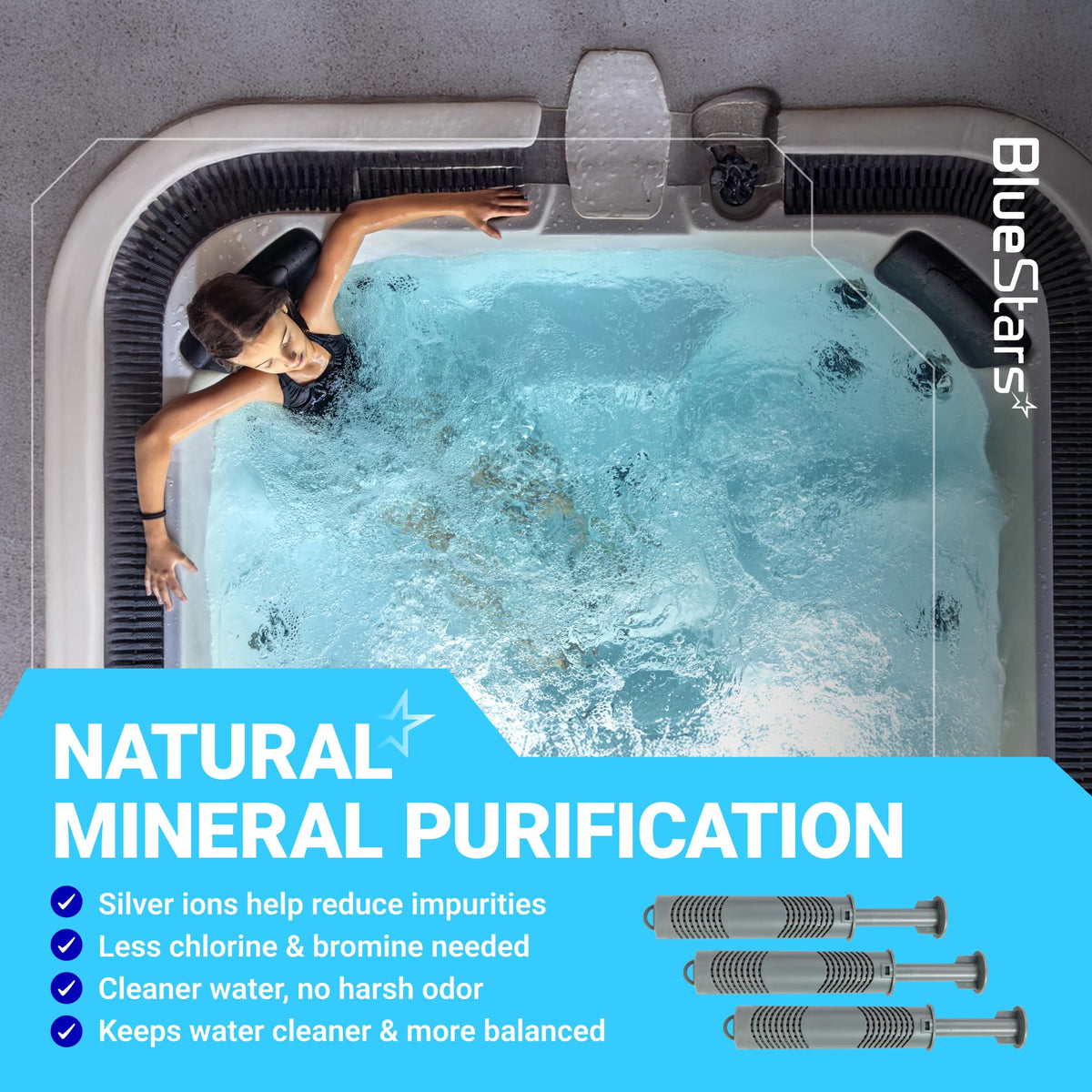 BlueStars natural mineral purification sticks for hot tub water sanitization and impurity reduction.