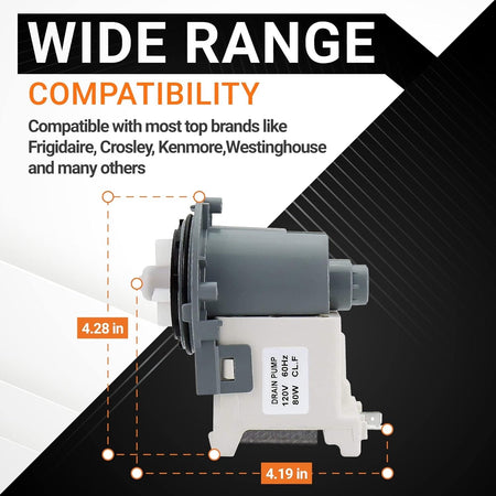 DC31-00178A washer drain pump motor showing dimensions and wide brand compatibility.