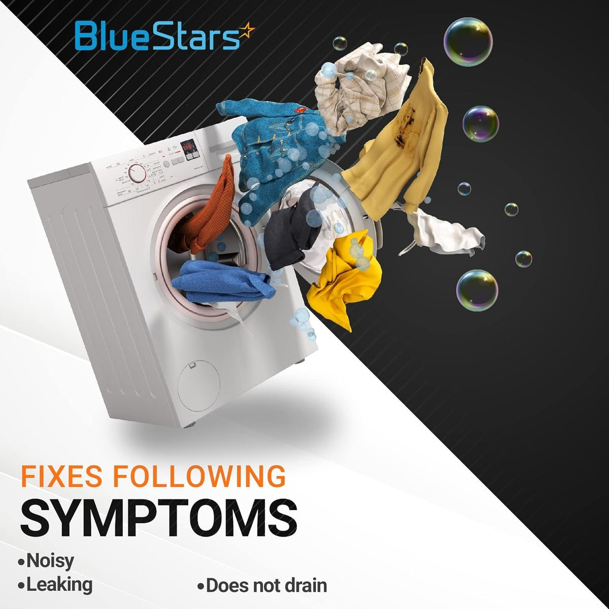 Graphic showing Samsung and Whirlpool washer symptoms fixed by DC31-00178A drain pump motor including noise and leaking.