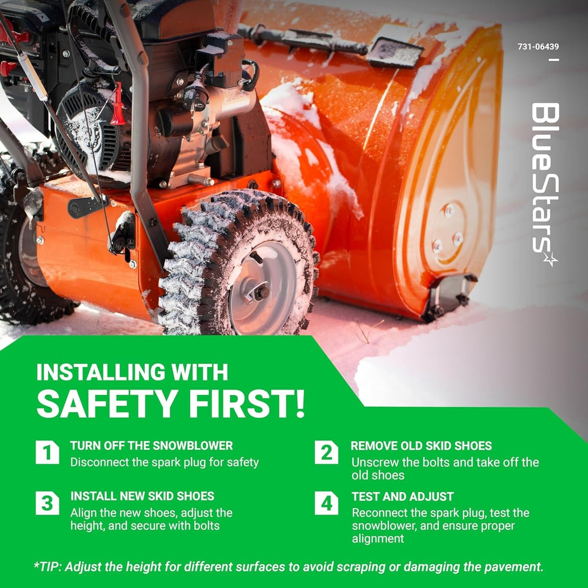 Instructional graphic for installing 731-06439 snowblower skid shoes with safety steps.