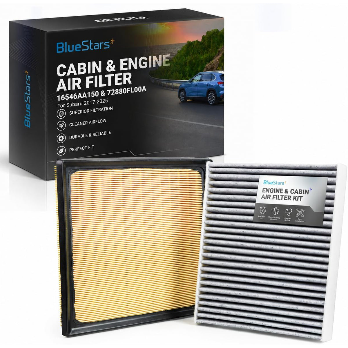 16546AA150 Engine & Cabin Air Filter Kit with engine and cabin filters displayed beside the product box