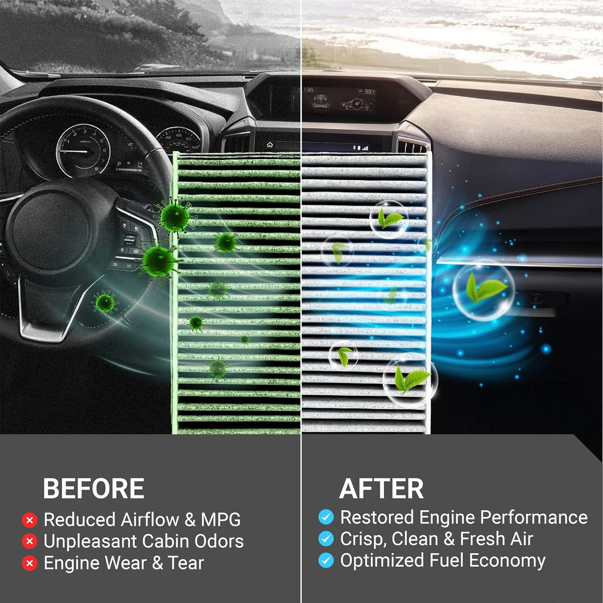 16546AA150 Engine & Cabin Air Filter Kit, before-and-after comparison showing dirty and clean filters in Subaru interiors