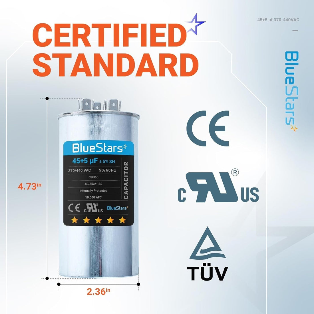 BlueStars 45+5 uF 370/440 VAC round dual run capacitor with technical specifications and dimensions diagram.