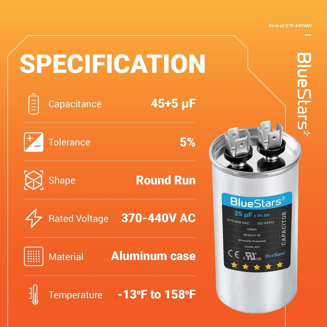 Infographic showing technical specifications for a 45+5 uF round dual run capacitor with aluminum case.