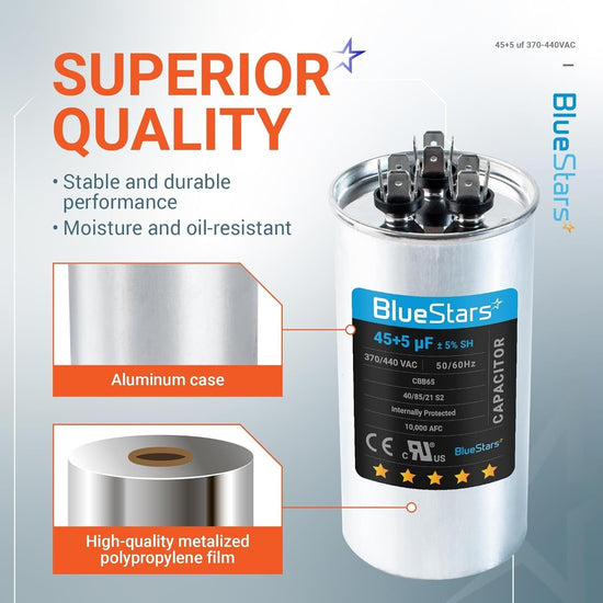 BlueStars 45+5 uF 370/440 VAC round dual run capacitor with aluminum case and metalized film construction details.