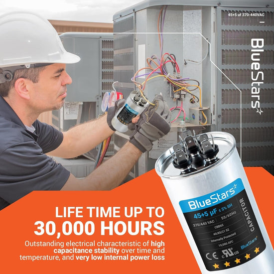 Technician installing a 45+5 uF 370/440 VAC round dual run capacitor in an AC condenser unit.