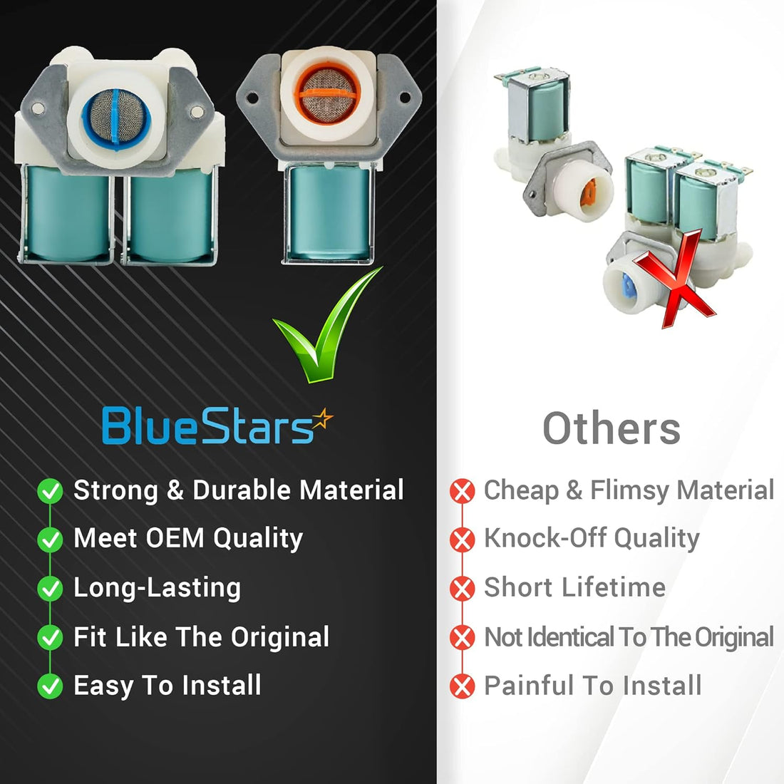 Comparison chart showing BlueStars OEM quality washer water inlet valves versus generic alternatives.