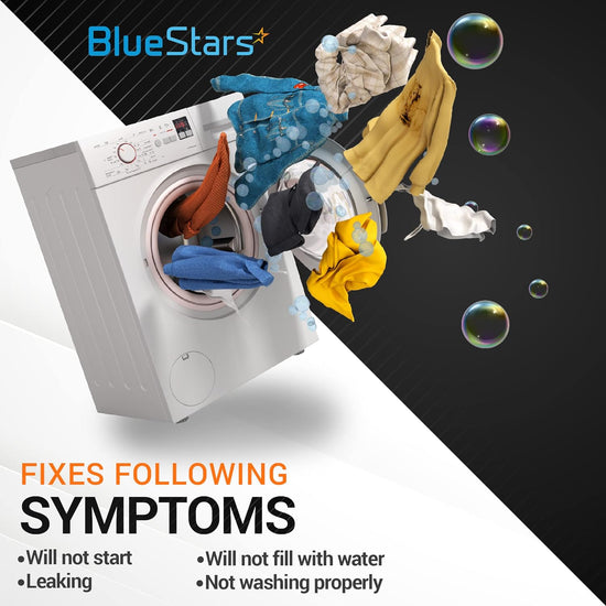BlueStars washer water inlet valve replacement infographic showing common washing machine repair symptoms.