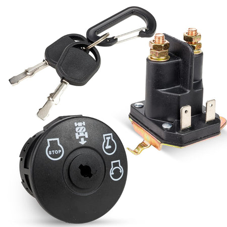 532193350 Ignition Switch and 725-06153A Starter Solenoid, switch, two keys, and solenoid shown