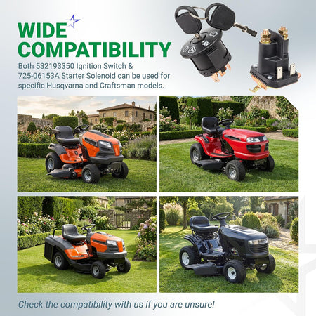 532193350 Ignition Switch & 725-06153A Starter Solenoid compatibility graphic with parts and four riding mower photos