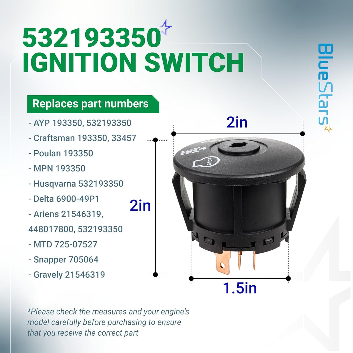532193350 Ignition Switch, dimension diagram showing 2-inch height and diameter and 1.5-inch base width