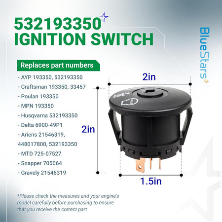 532193350 Ignition Switch, dimension diagram showing 2-inch height and diameter and 1.5-inch base width